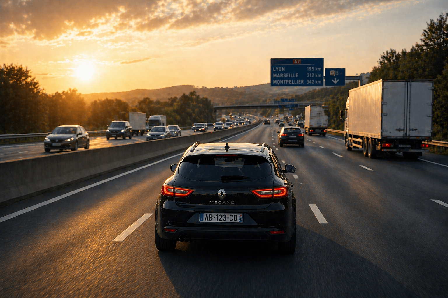 Voiture sur autoroute au coucher du soleil