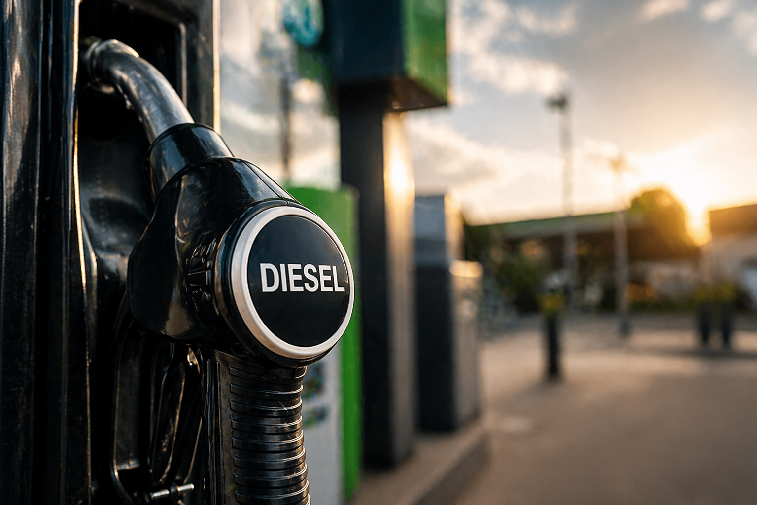Pistolet diesel en station-service au coucher du soleil