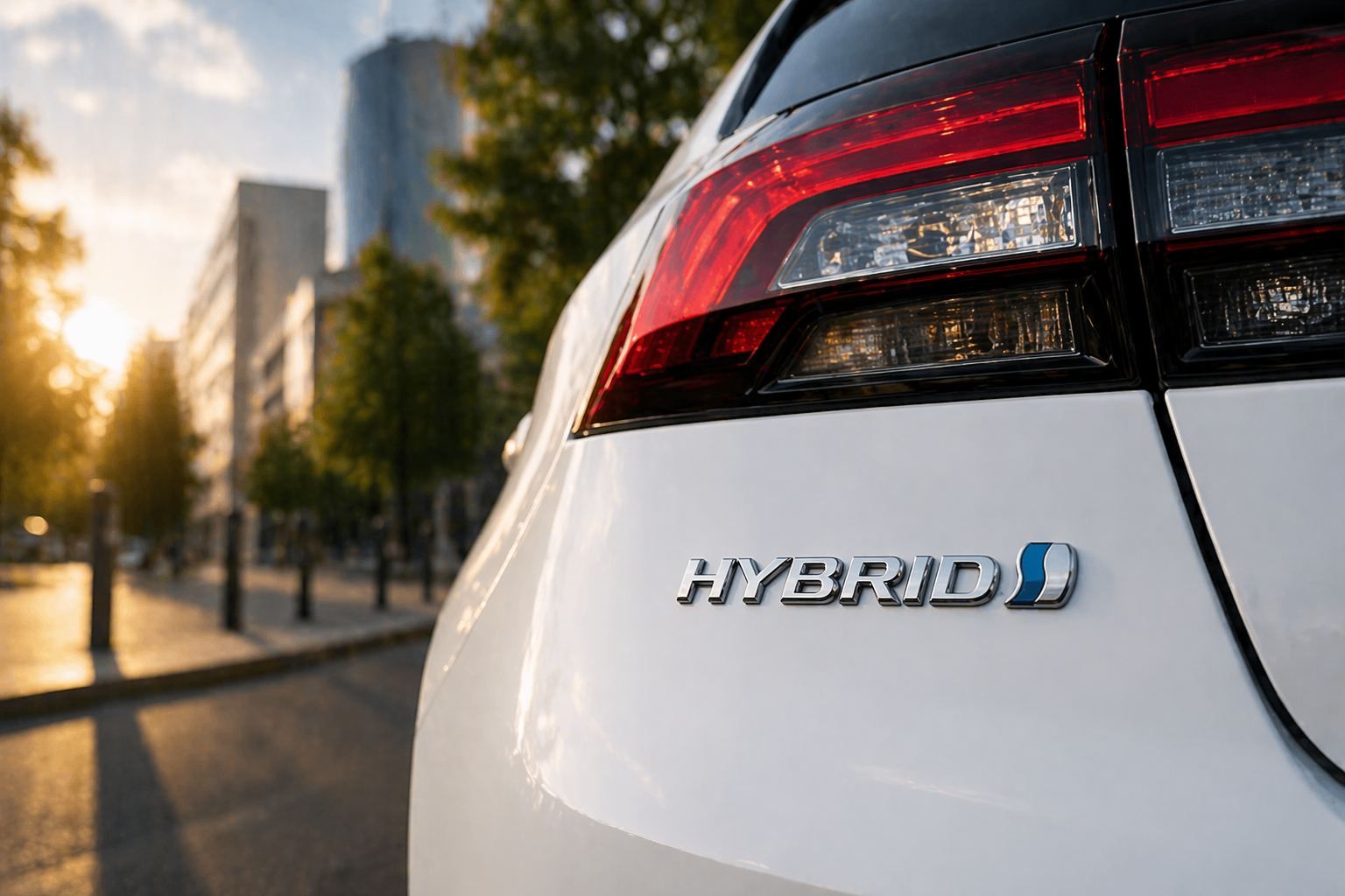 Badge hybride sur une voiture blanche