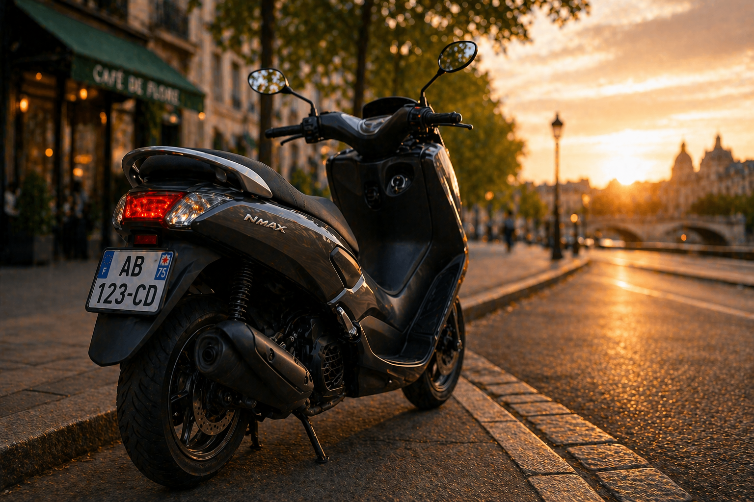 Scooter en ville au coucher du soleil